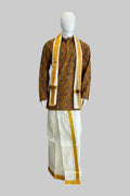 A traditional Indian outfit displayed on a mannequin inside a clothing store. The outfit consists of a brown patterned kurta with a yellow and white border, paired with a white drape (kurtu) featuring a yellow stripe down the side.