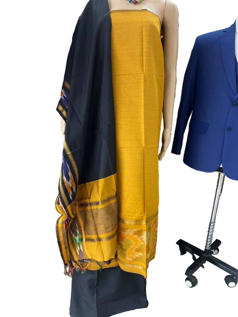 Cotton and silk weaving in Ikat design pochampally 3 piece dress material unstitched.